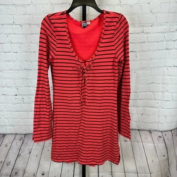 Roxy Red (Coral) and Navy Striped Bell Sleeve Dress Size Large - Picture 1 of 7